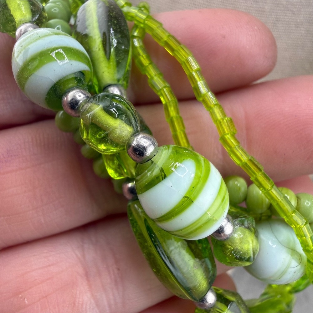 Green Glass Beaded Layered Necklace Silver Tone Multi Strand 22"